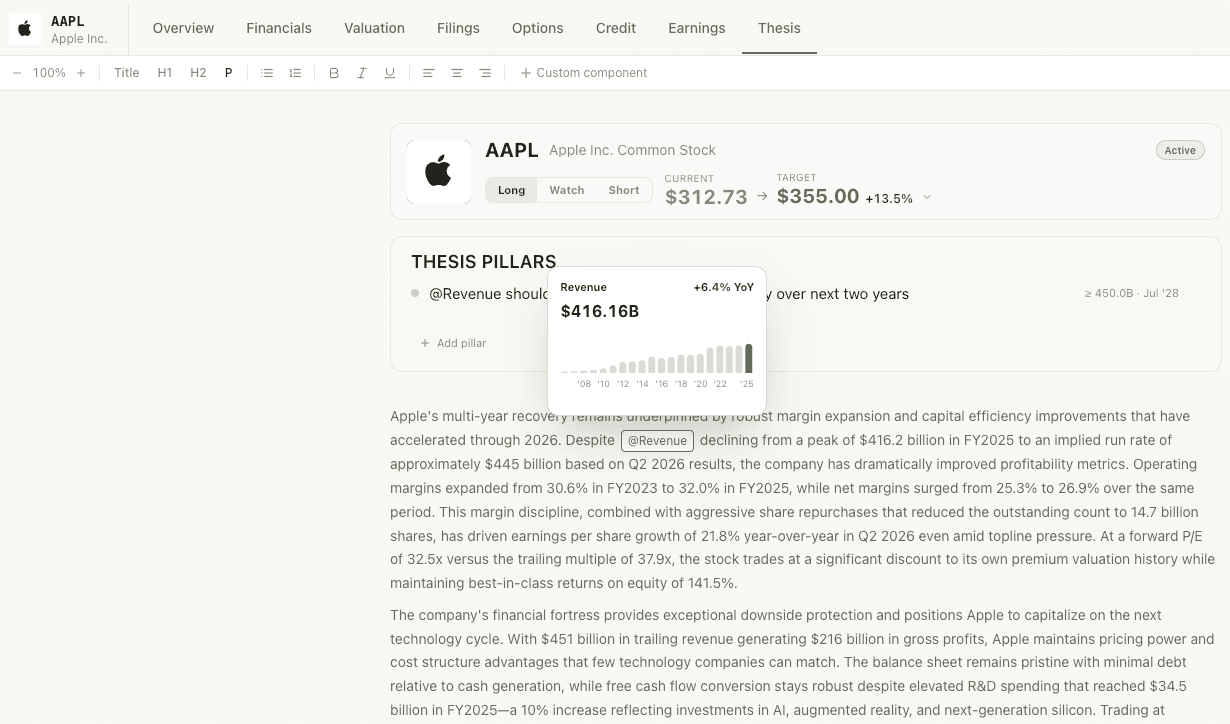 Neural Markets living thesis editor with falsifiable pillars and health states